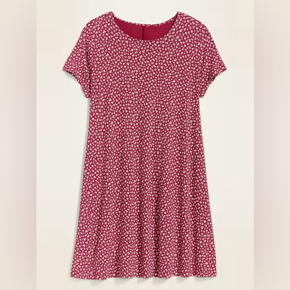Old Navy Red & White Floral Swing Jersey Dress
